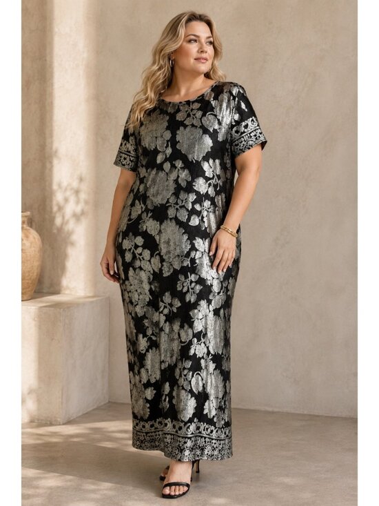 CW Rose Dresses & Skirts - Vintage CW Rose Woman Silver Floral Metallic Maxi Dress Boho Art to Wear XL